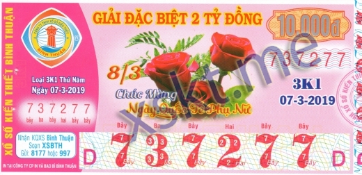 Mẫu vé sô xổ số Bình Thuận ngày 7/3/2019
