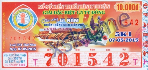 Mẫu vé sô xổ số Bình Thuận ngày 7/5/2015