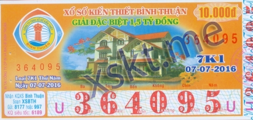 Mẫu vé sô xổ số Bình Thuận ngày 7/7/2016