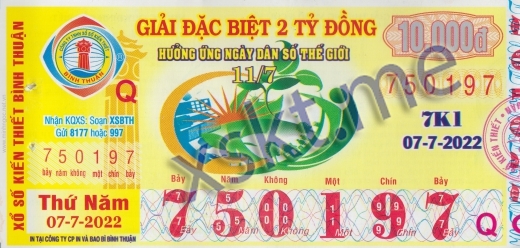 Mẫu vé sô xổ số Bình Thuận ngày 7/7/2022
