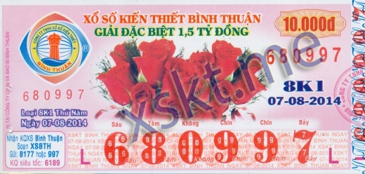 Mẫu vé sô xổ số Bình Thuận ngày 7/8/2014