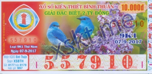 Mẫu vé sô xổ số Bình Thuận ngày 7/9/2017