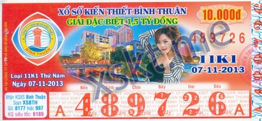 Mẫu vé sô xổ số Bình Thuận ngày 7/11/2013