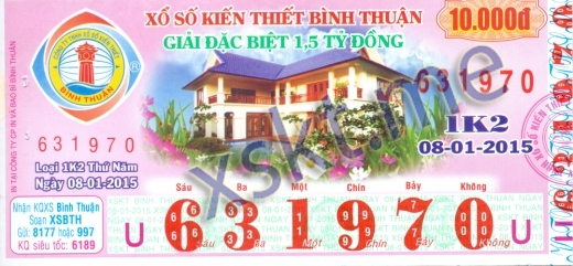Mẫu vé sô xổ số Bình Thuận ngày 8/1/2015
