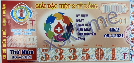 Mẫu vé sô xổ số Bình Thuận ngày 8/4/2021