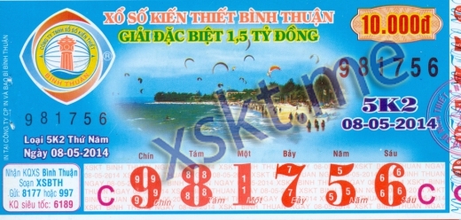 Mẫu vé sô xổ số Bình Thuận ngày 8/5/2014