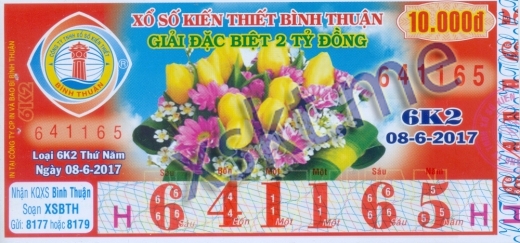 Mẫu vé sô xổ số Bình Thuận ngày 8/6/2017