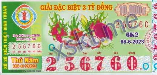Mẫu vé sô xổ số Bình Thuận ngày 8/6/2023