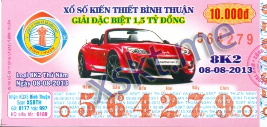 Mẫu vé sô xổ số Bình Thuận ngày 8/8/2013