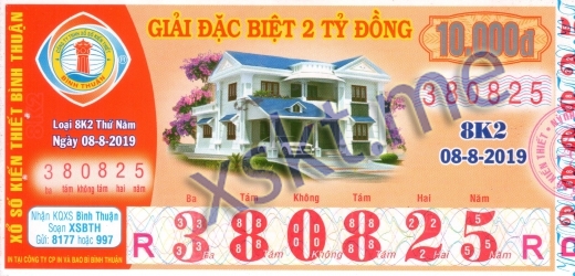 Mẫu vé sô xổ số Bình Thuận ngày 8/8/2019
