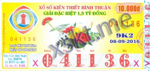 Mẫu vé sô xổ số Bình Thuận ngày 8/9/2016