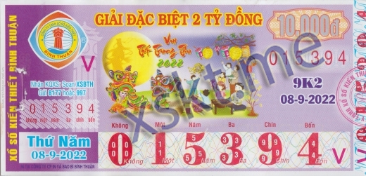 Mẫu vé sô xổ số Bình Thuận ngày 8/9/2022