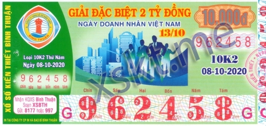 Mẫu vé sô xổ số Bình Thuận ngày 8/10/2020