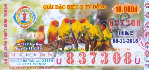 Mẫu vé sô xổ số Bình Thuận ngày 8/11/2018