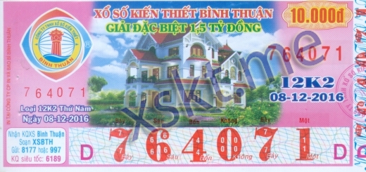 Mẫu vé sô xổ số Bình Thuận ngày 8/12/2016