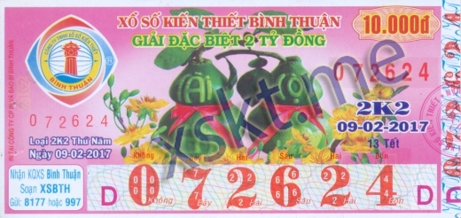 Mẫu vé sô xổ số Bình Thuận ngày 9/2/2017