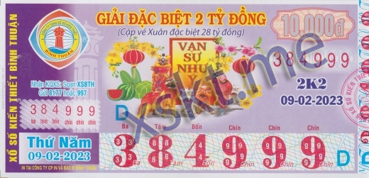 Mẫu vé sô xổ số Bình Thuận ngày 9/2/2023