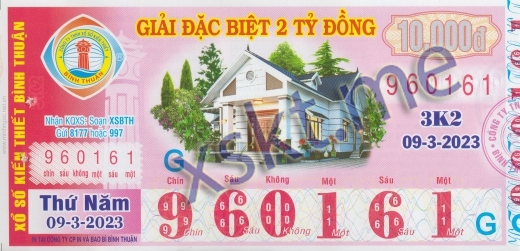 Mẫu vé sô xổ số Bình Thuận ngày 9/3/2023