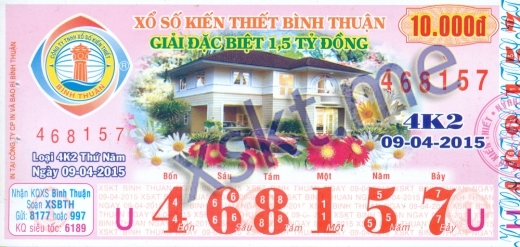 Mẫu vé sô xổ số Bình Thuận ngày 9/4/2015