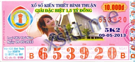 Mẫu vé sô xổ số Bình Thuận ngày 9/5/2013