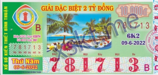 Mẫu vé sô xổ số Bình Thuận ngày 9/6/2022