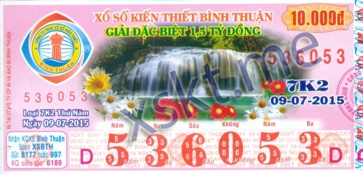 Mẫu vé sô xổ số Bình Thuận ngày 9/7/2015