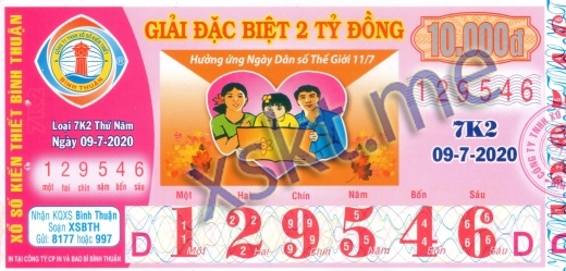 Mẫu vé sô xổ số Bình Thuận ngày 9/7/2020