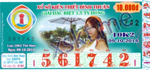 Mẫu vé sô xổ số Bình Thuận ngày 9/10/2014