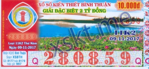 Mẫu vé sô xổ số Bình Thuận ngày 9/11/2017