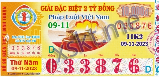 Mẫu vé sô xổ số Bình Thuận ngày 9/11/2023