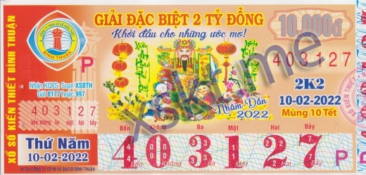Mẫu vé sô xổ số Bình Thuận ngày 10/2/2022