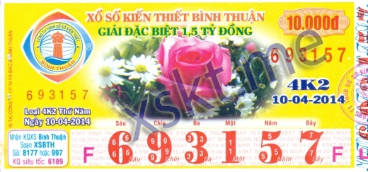 Mẫu vé sô xổ số Bình Thuận ngày 10/4/2014