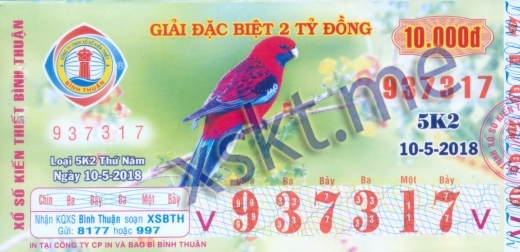 Mẫu vé sô xổ số Bình Thuận ngày 10/5/2018