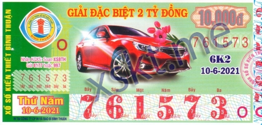 Mẫu vé sô xổ số Bình Thuận ngày 10/6/2021