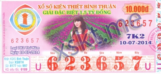 Mẫu vé sô xổ số Bình Thuận ngày 10/7/2014
