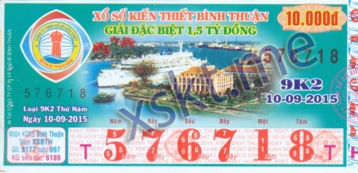 Mẫu vé sô xổ số Bình Thuận ngày 10/9/2015