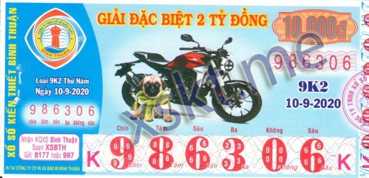Mẫu vé sô xổ số Bình Thuận ngày 10/9/2020
