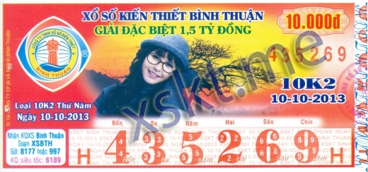 Mẫu vé sô xổ số Bình Thuận ngày 10/10/2013