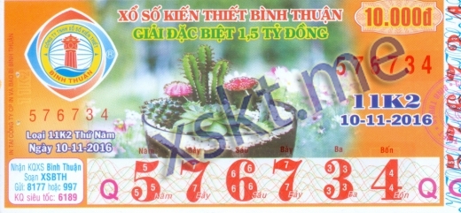 Mẫu vé sô xổ số Bình Thuận ngày 10/11/2016