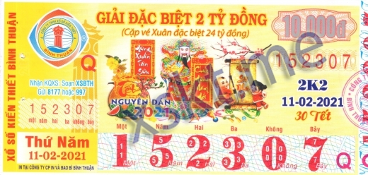 Mẫu vé sô xổ số Bình Thuận ngày 11/2/2021
