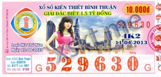 Mẫu vé sô xổ số Bình Thuận ngày 11/4/2013