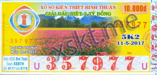 Mẫu vé sô xổ số Bình Thuận ngày 11/5/2017