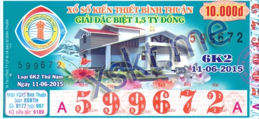 Mẫu vé sô xổ số Bình Thuận ngày 11/6/2015