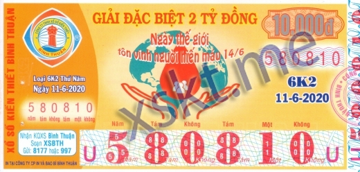 Mẫu vé sô xổ số Bình Thuận ngày 11/6/2020