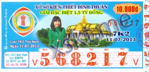 Mẫu vé sô xổ số Bình Thuận ngày 11/7/2013
