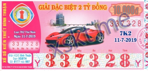 Mẫu vé sô xổ số Bình Thuận ngày 11/7/2019