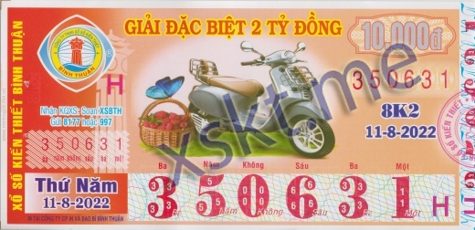 Mẫu vé sô xổ số Bình Thuận ngày 11/8/2022