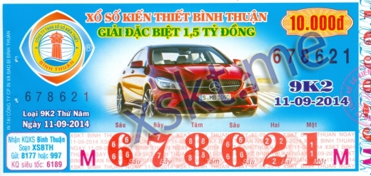 Mẫu vé sô xổ số Bình Thuận ngày 11/9/2014