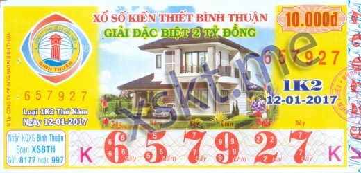 Mẫu vé sô xổ số Bình Thuận ngày 12/1/2017
