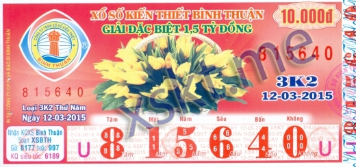 Mẫu vé sô xổ số Bình Thuận ngày 12/3/2015